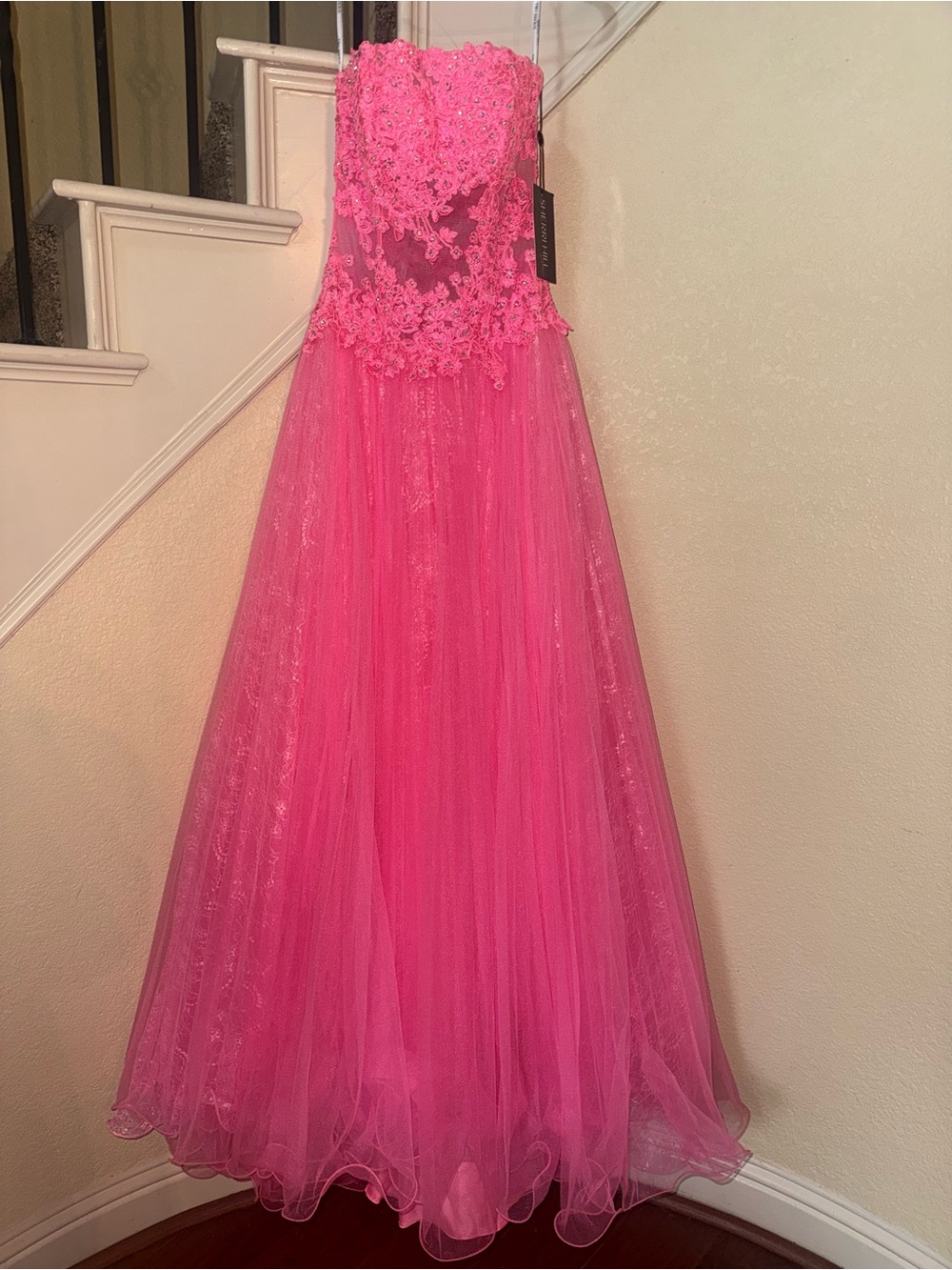 Sherri Hill Hot Pink Strapless Lace Applique Tulle Gown